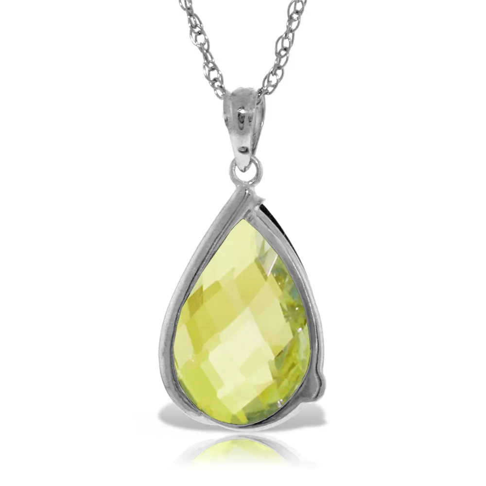 14K Solid White Gold Necklace w/ Briolette Checkerboard Cut Lemon Quartz & Diamond