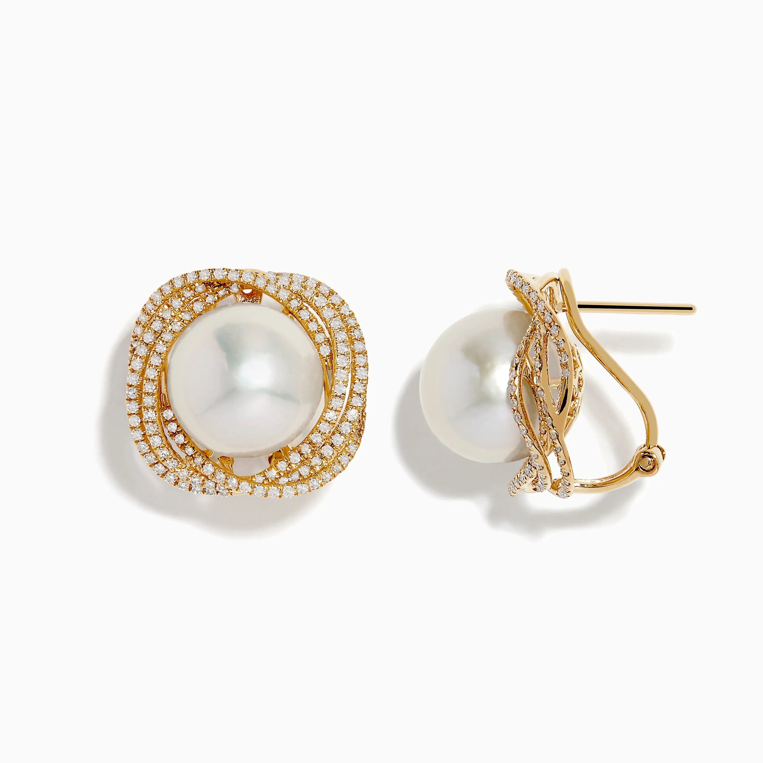 14K Yellow Gold Diamond Fresh Water Pearl Earrings