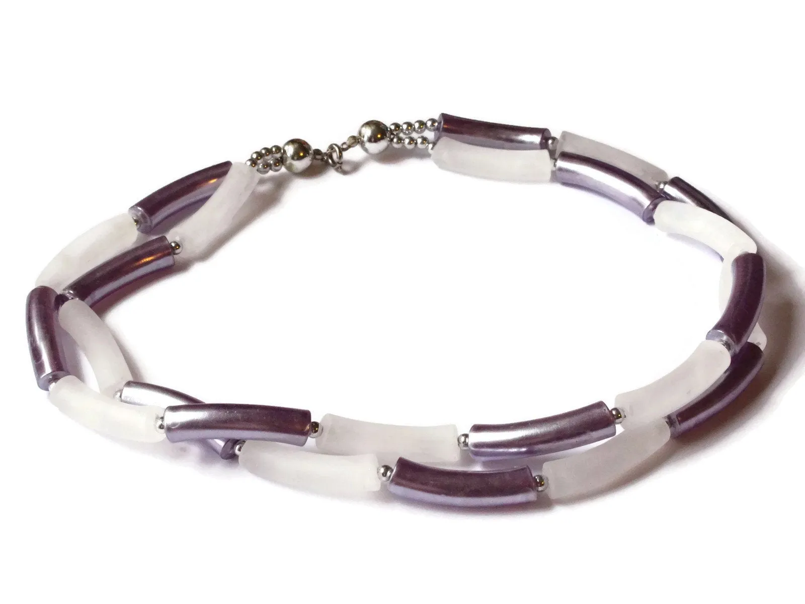19 1/2 Inch Twisted Two Strand Purple and White Beaded Necklace Vintage New Old Stock Necklace