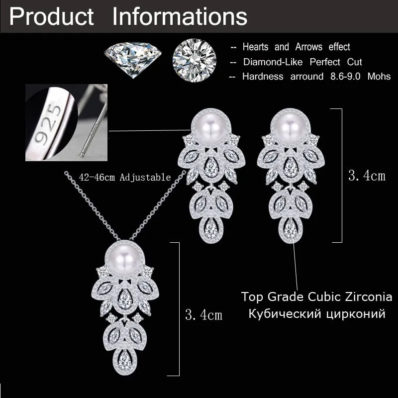 925 Sterling Silver-Pearl Necklace-Earrings Bridal Jewelry Set