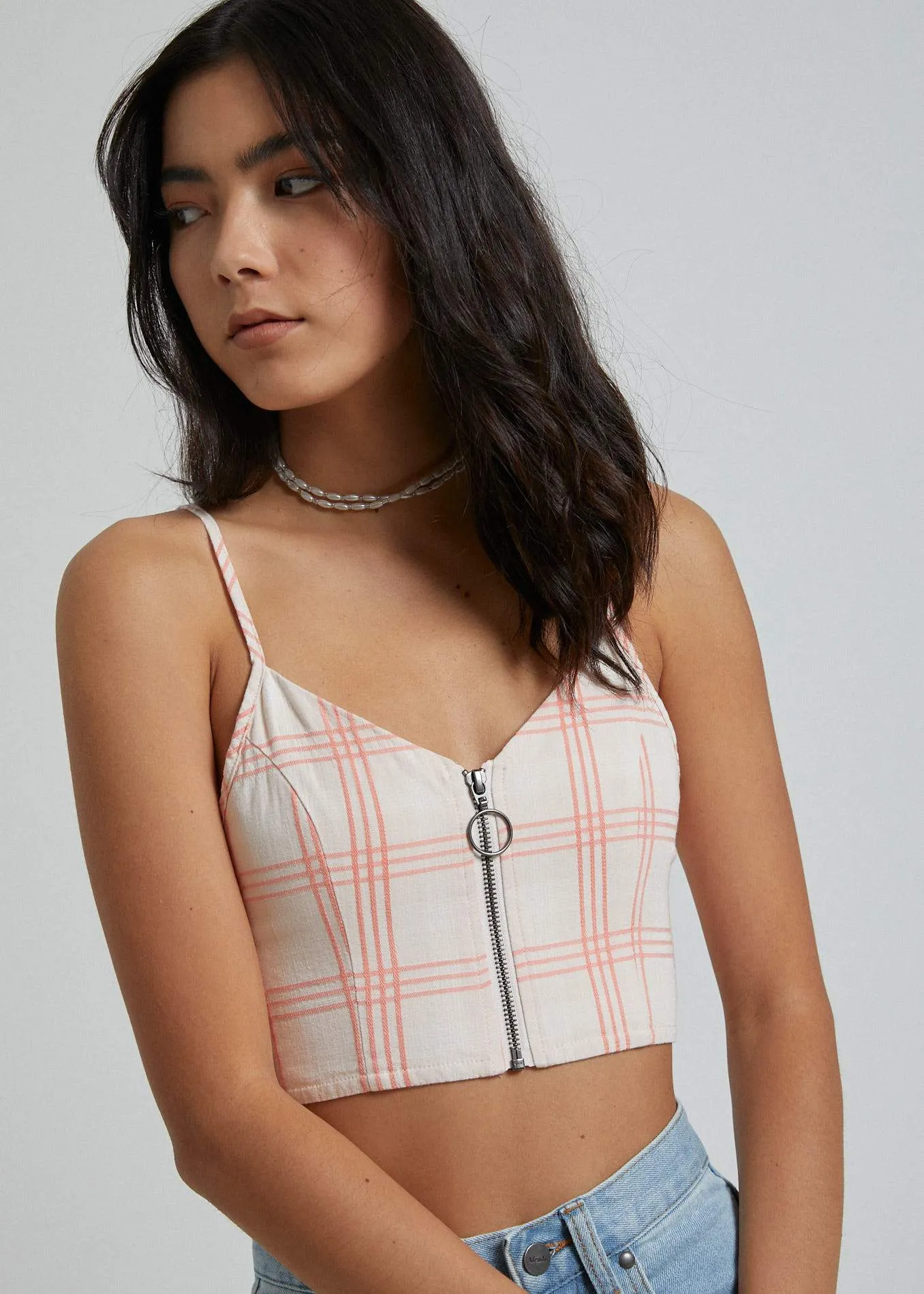 Afends Womens Debbie - Top - Peach Cream Check