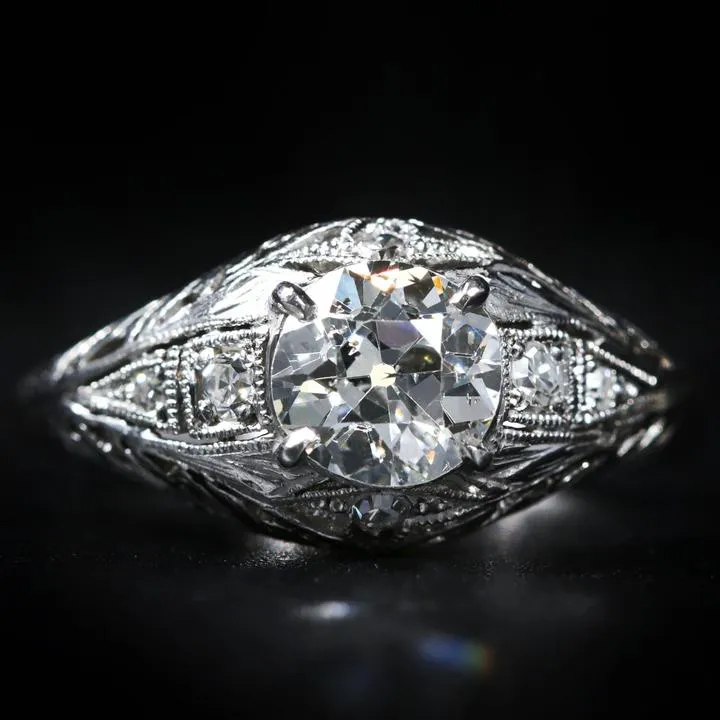 Art Deco Platinum 0.92 Carat Old European Cut Diamond Ring