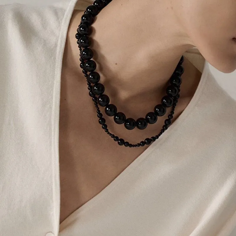 Black Agate Beaded OT Buckle Necklace-14mm