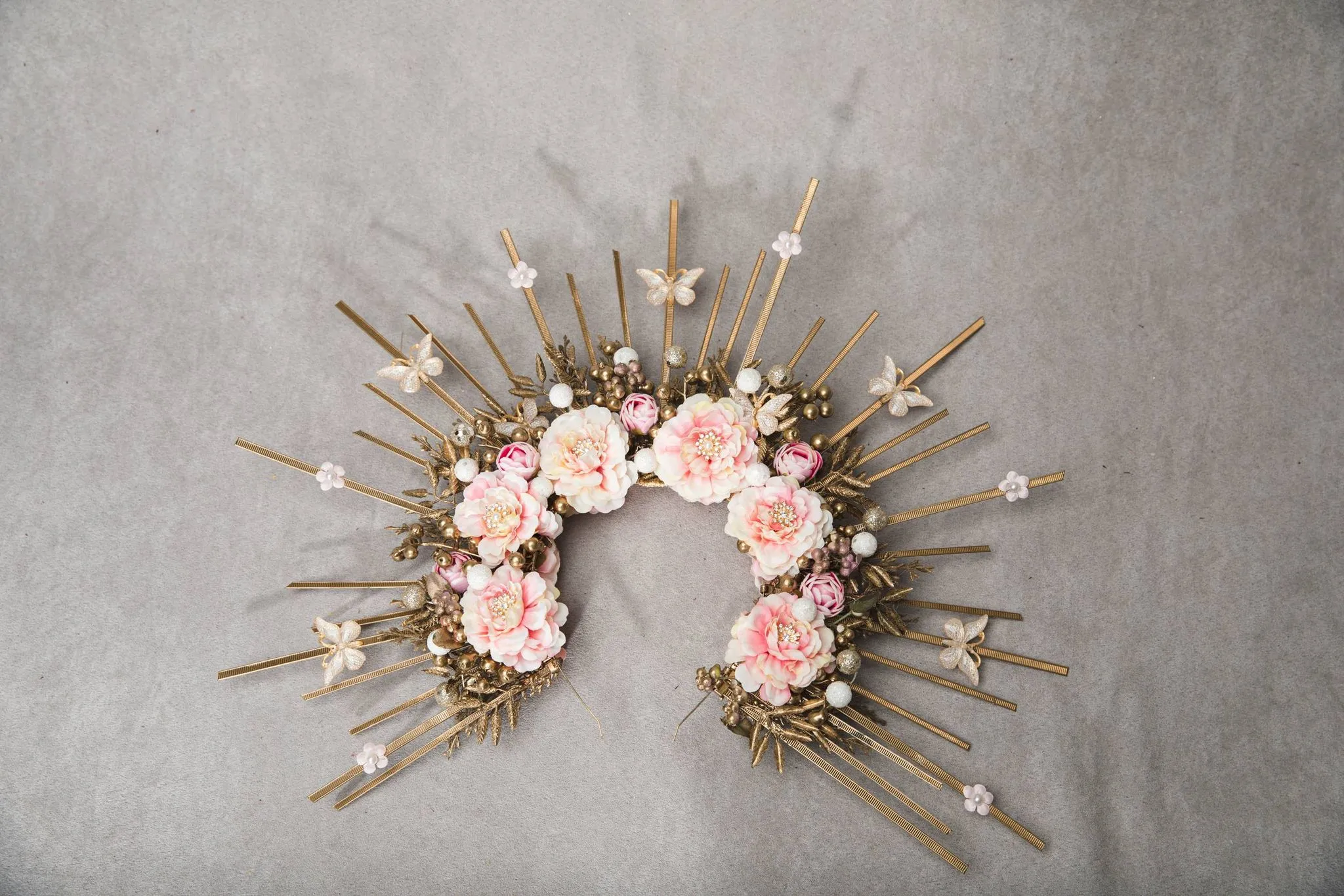 Golden and blush flower halo crown Met gala spiked crown Wedding headband Maternity photoshoot crown with Butterflies Sun ray crown Magaela