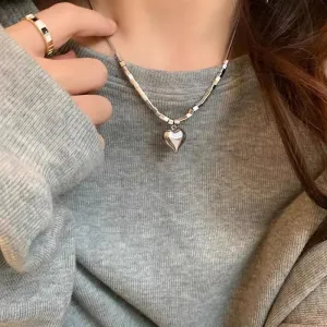 Heart pendant beaded metal chain necklace
