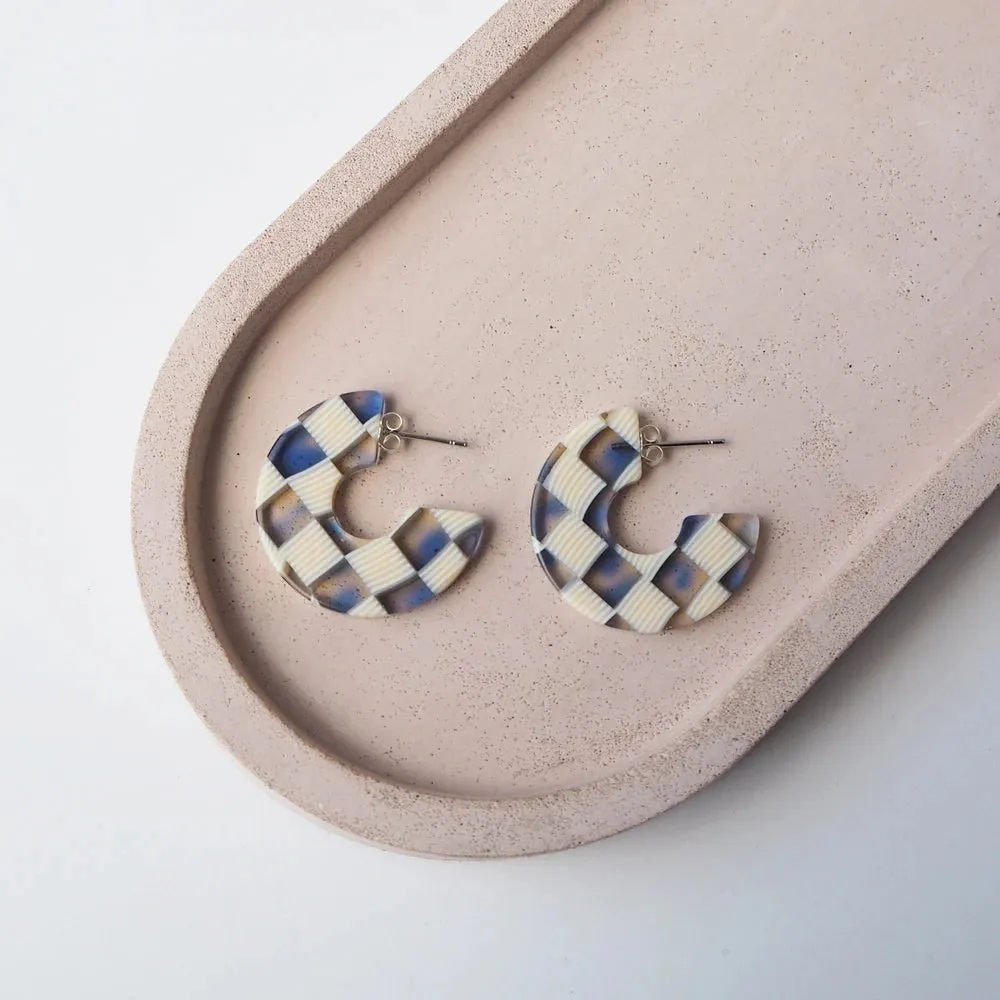 Ocean Checker Hoop Earrings - Blue & Cream