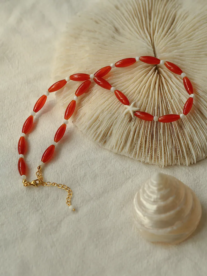 Red Agate Starfish Beaded Necklace