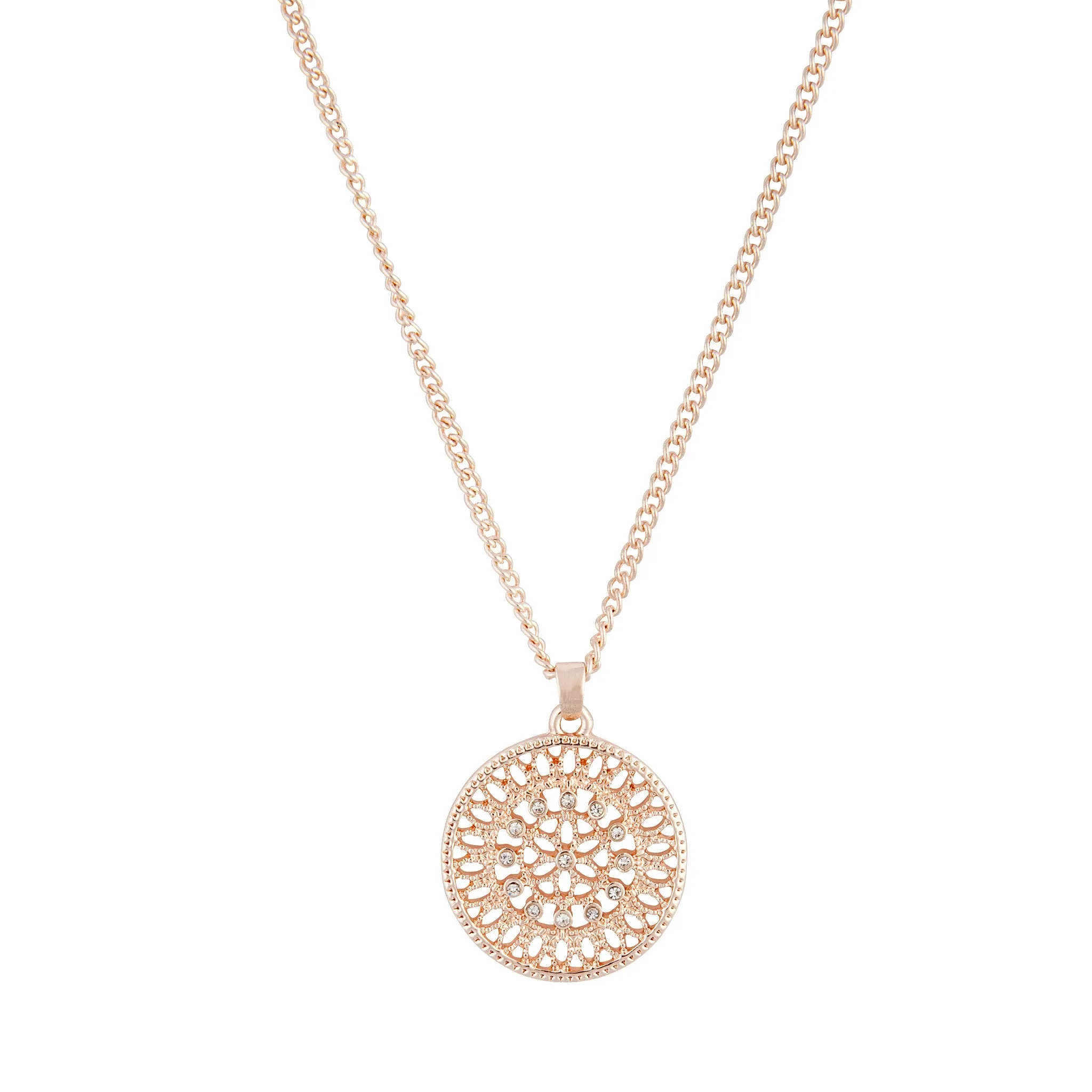 Rose Gold Diamante Disc Filigree Necklace