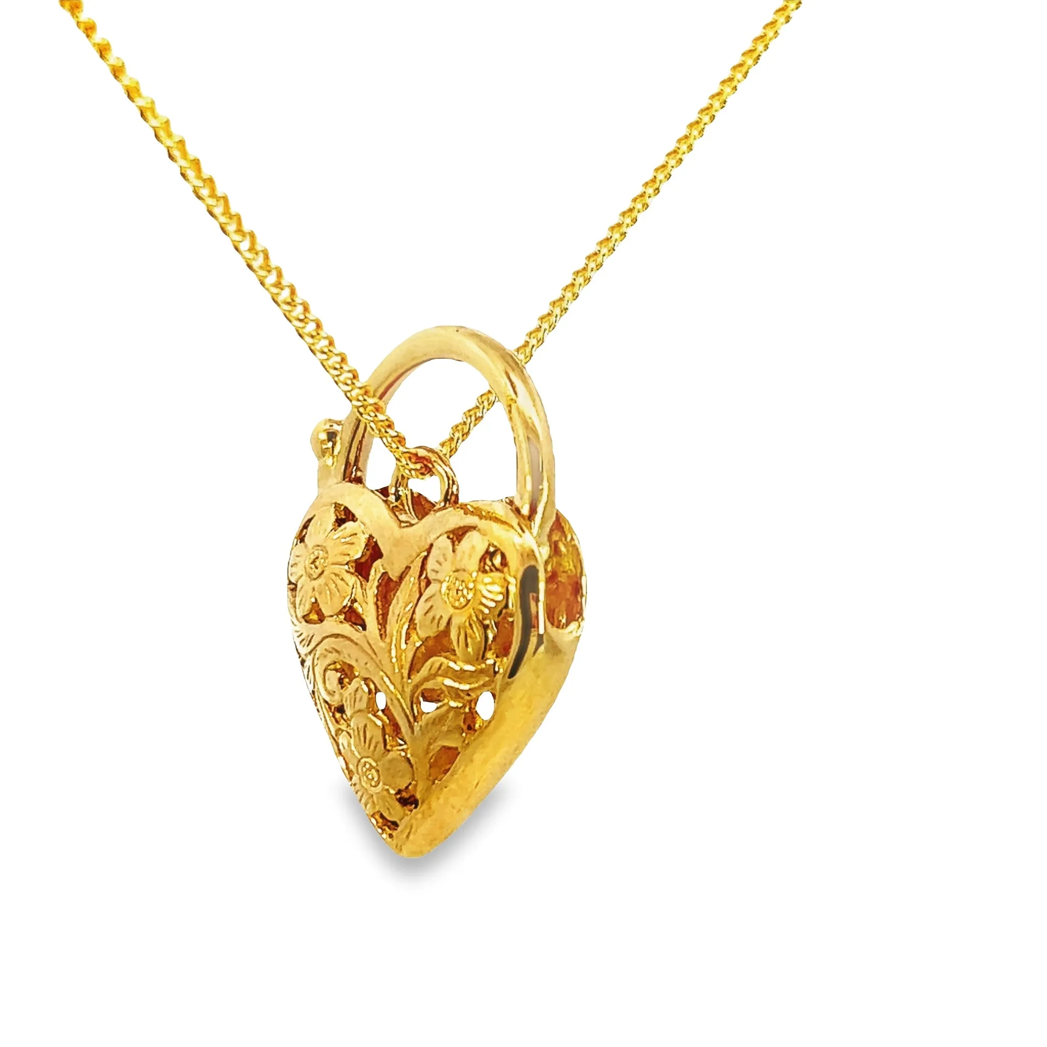 Yellow Gold Filigree Padlock Clasp with Puffed Heart