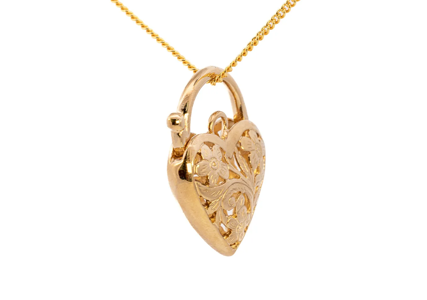 Yellow Gold Filigree Padlock Clasp with Puffed Heart